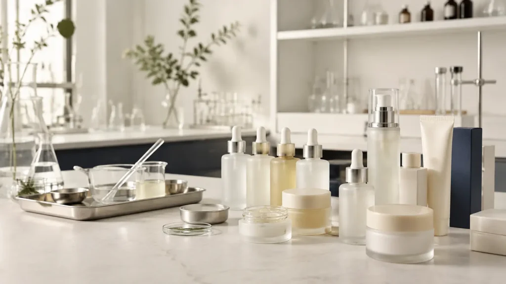 Low MOQ Korean skincare manufacturing setup with serum bottles, cream jars and lab samples