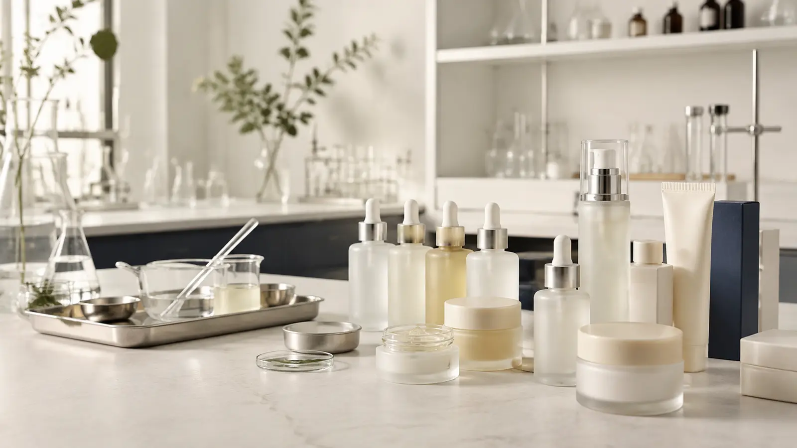 Low MOQ Korean skincare manufacturing setup with serum bottles, cream jars and lab samples