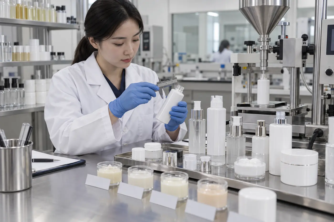 Cosmetic packaging compatibility and filling equipment evaluation at a Korean manufacturing facility