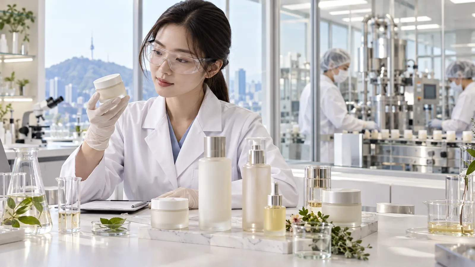 Korean cosmetic researcher evaluating skincare products for a manufacturing transition to South Korea